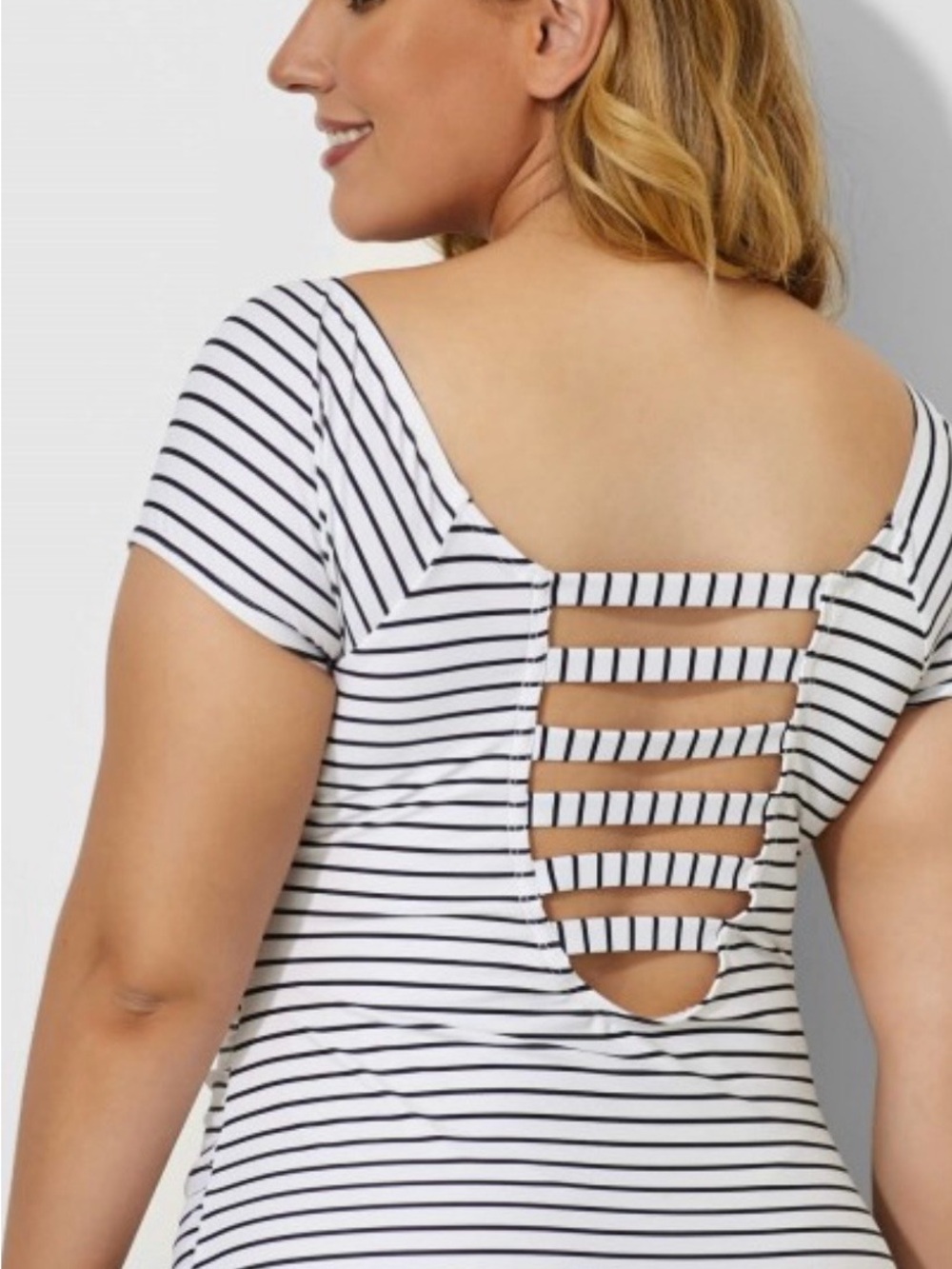 Striped White & Black One-Piece Swimsuit with Ladder Back